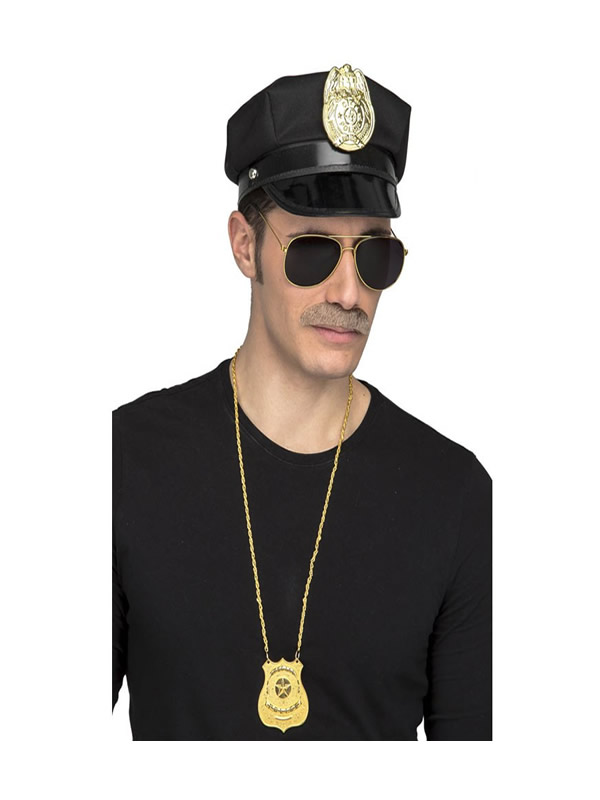 kit policia gorra gafas bigote y placa