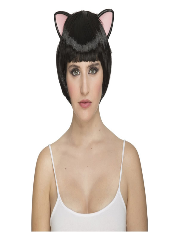 peluca corta negra con orejas de gatita