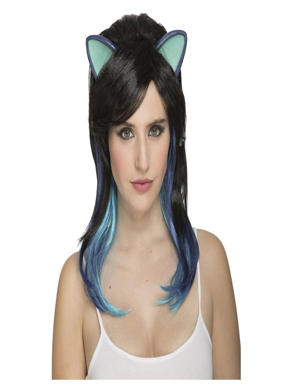 peluca de gatita negra con orejas y mechas azules