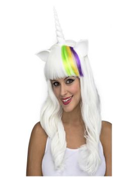 peluca blanca de unicornio con cuerno y orejas