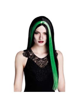 peluca bruja larga negro con mechon verde