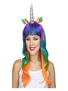 peluca de unicornio multicolor con cuerno y orejas