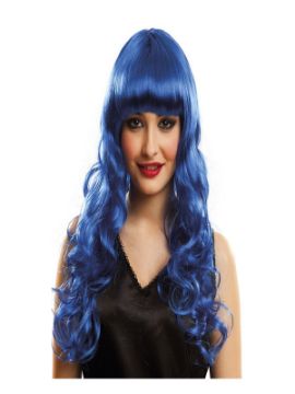 peluca melena katy con rizos y flequillo azul