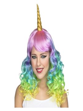 peluca multicolor de unicornio con cuerno rizada