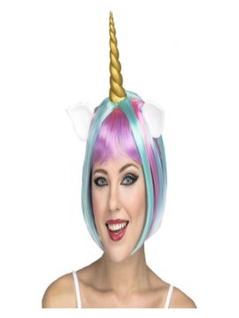 peluca multicolor de unicornio con cuerno y orejas